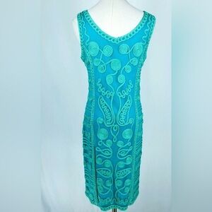 T & W Designs Womens Size L Green Soutache Mesh Overlay Sleeveless Dress